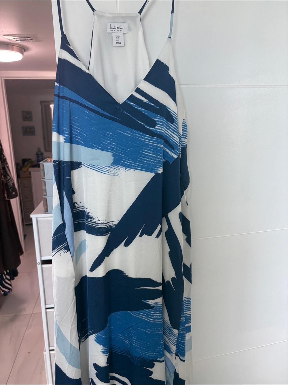 Nicole Miller Blue & White Abstract Maxi Slip Dress with V-Neck